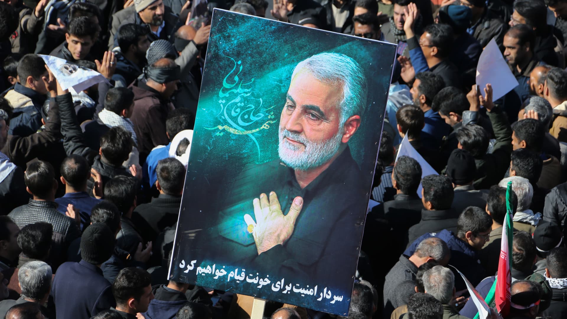 Iranian mourners gather during the final stage of funeral processions for slain top general Qasem Soleimani, in his hometown Kerman on January 7, 2020.