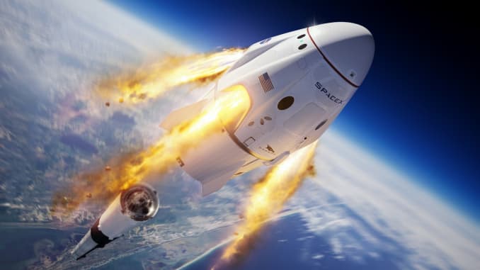 A rendering shows SpaceX's Crew Dragon capsule firing its emergency escape engines during the company's test flight