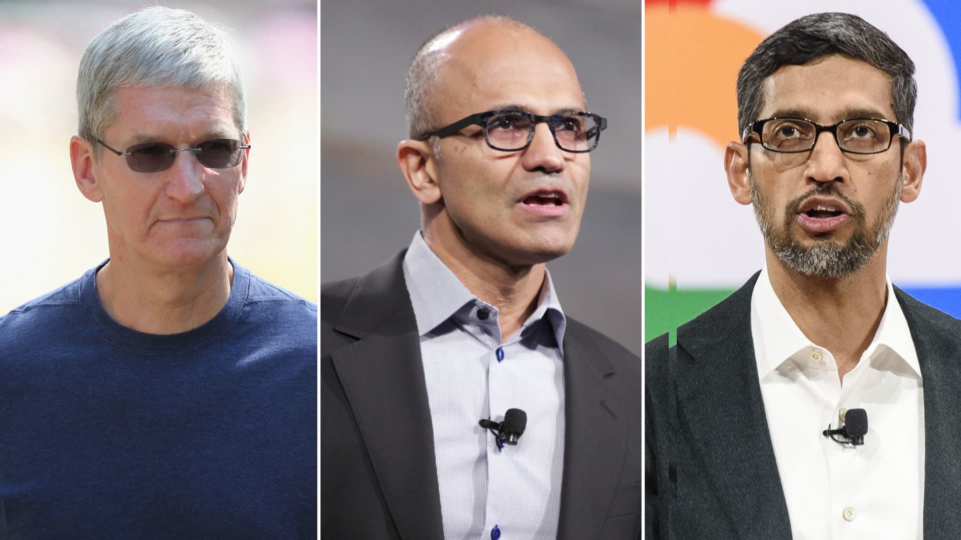 Tim Cook, CEO of Apple (L), Satya Nadella, CEO of Microsoft (C) and Sundar Pichai, CEO of Google.