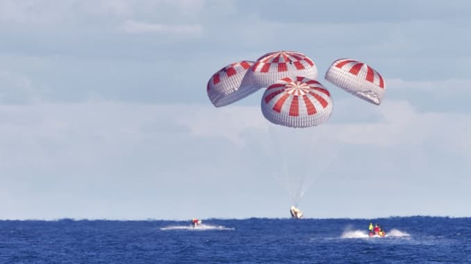 SpaceX's Crew Dragon capsule splashes down after its first test flight in March 2019.