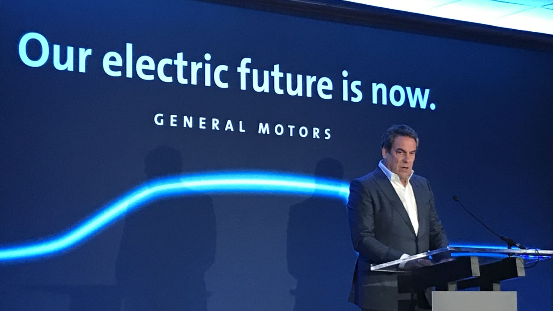 GM President Mark Reuss announces a $2.2 billion investment in the automaker's Detroit-Hamtramck Assembly plant in Michigan for new all-electric trucks and autonomous vehicles on Jan. 27, 2020.