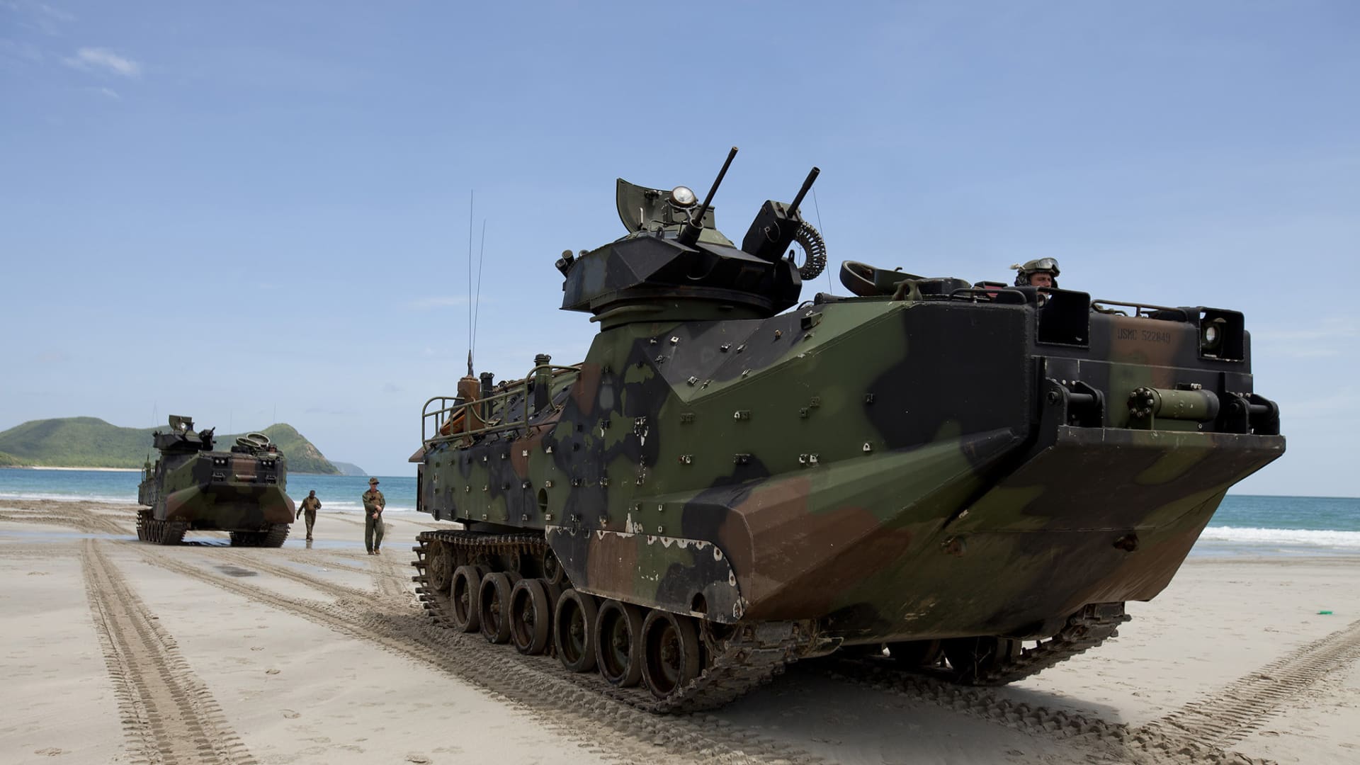 U.S. Marines with the 3rd Marine Division, III Marine Expeditionary Force position their assault amphibious vehicles on the beach during an amphibious raid exercise with Royal Thai Marines at Hat Yao, Thailand, on June 10, 2013.