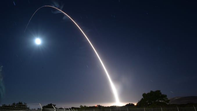 An unarmed U.S. Air Force Minuteman III intercontinental ballistic missile launches during an operational test May 3, 2017, at Vandenberg Air Force Base, Calif.