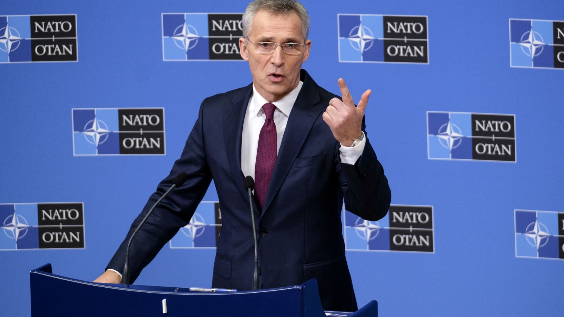 Jens Stoltenberg, 13th Secretary General of the North Atlantic Treaty Organization, is talks to the media at the NATO headquarter on February 11, 2020 in Brussels, Belgium.