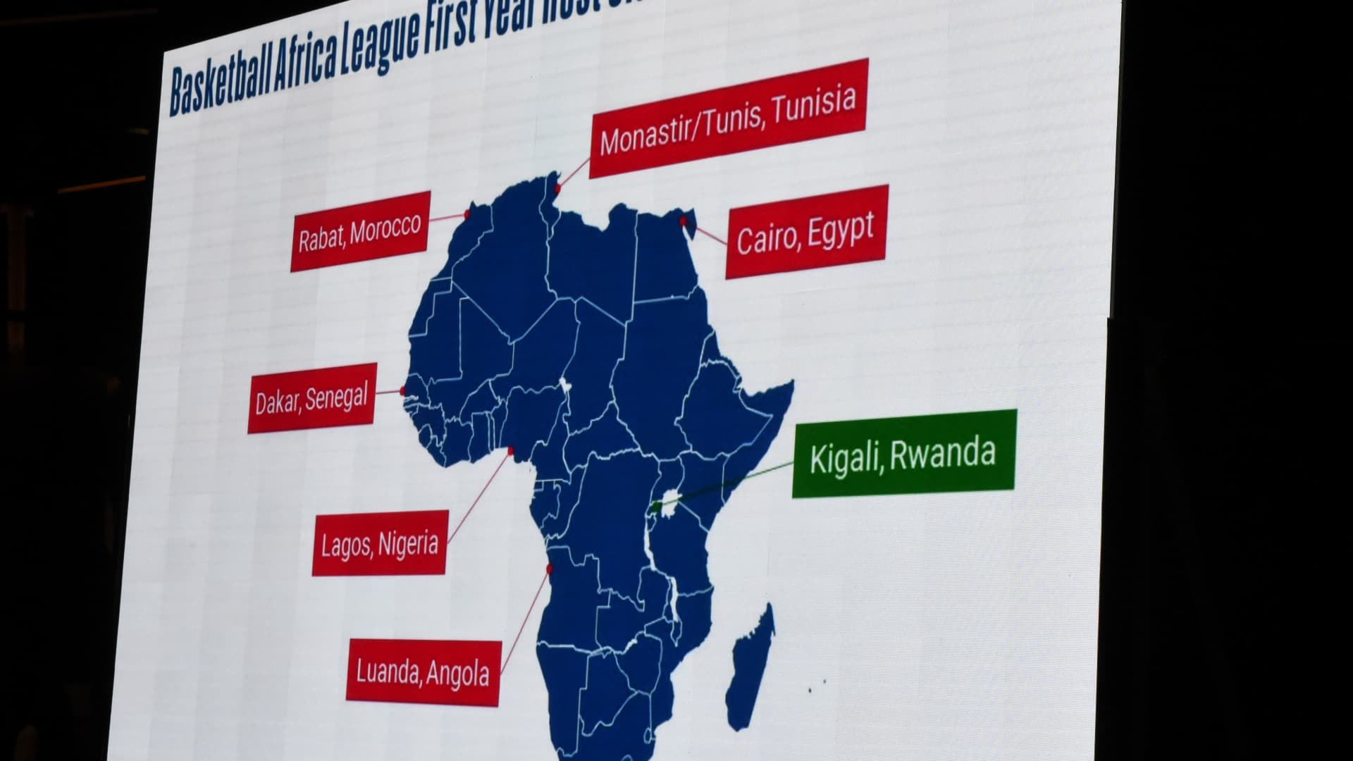 Details and information are projected on a screen during the announcement of the The NBA-backed Basketball Africa League (BAL) at the Museum of Black Civilisations in Dakar, on July 30 2019.