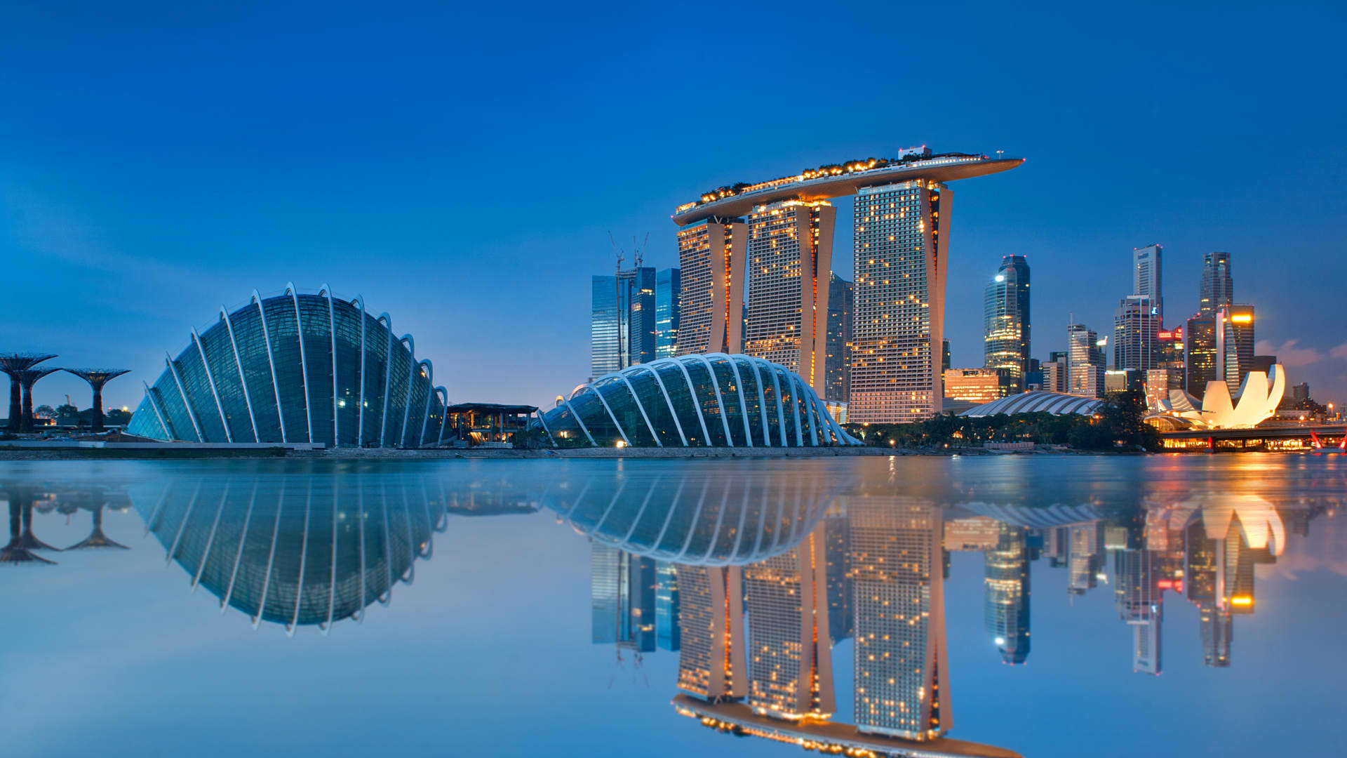 Gardens by the Bay and Singapore skyline reflection on blue water at blue hour in Singapore.
