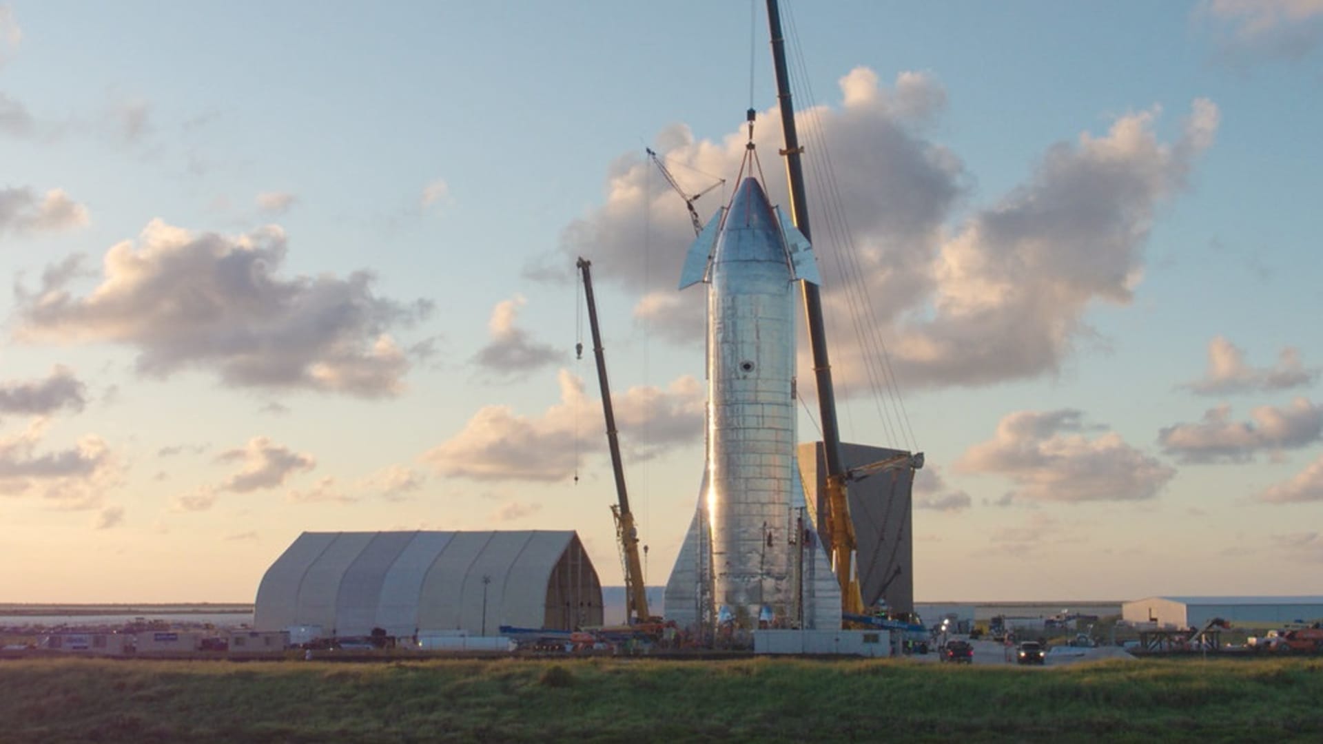 SpaceX's first Starship prototype under construction near Boca Chica, Texas in 2019.