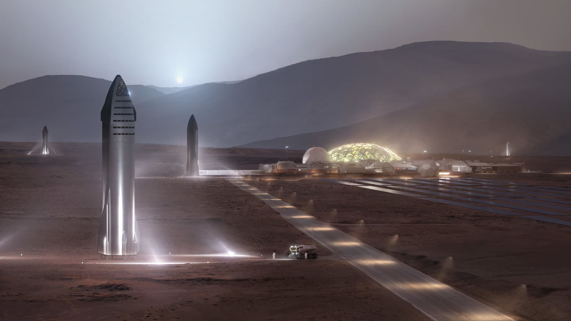 An artist rendering of SpaceX's Starship rockets on the surface of Mars.