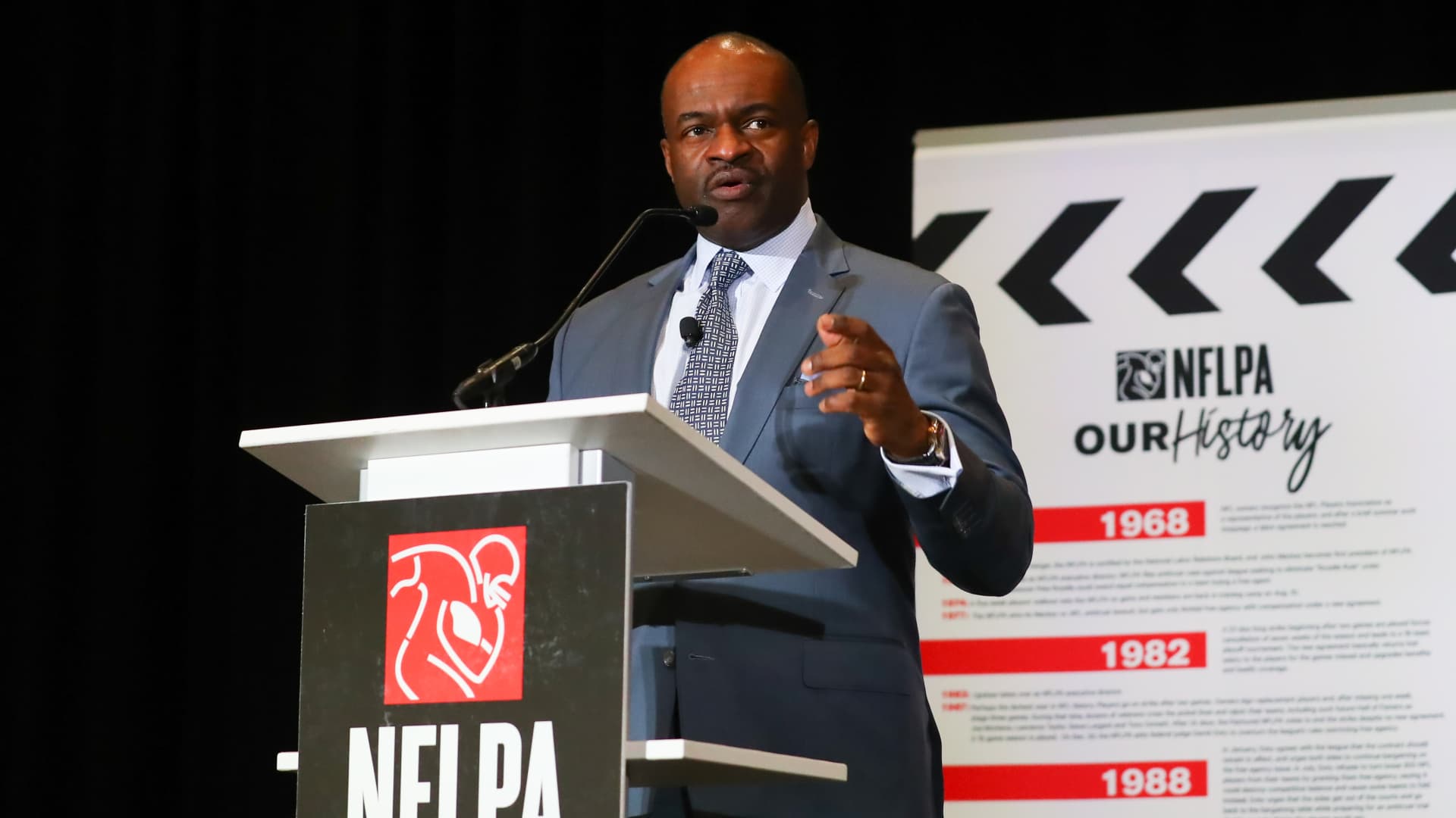 DeMaurice Smith the Executive Director of the National Football League Players Association speaks during the NFLPA press conference on January 30, 2020 at the Miami Beach Convention Center in Miami Beack, FL.