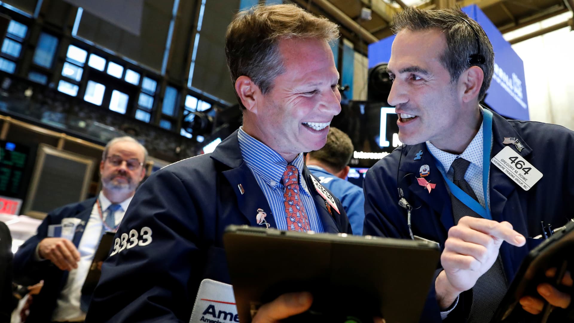 Traders work on the floor at the New York Stock Exchange.