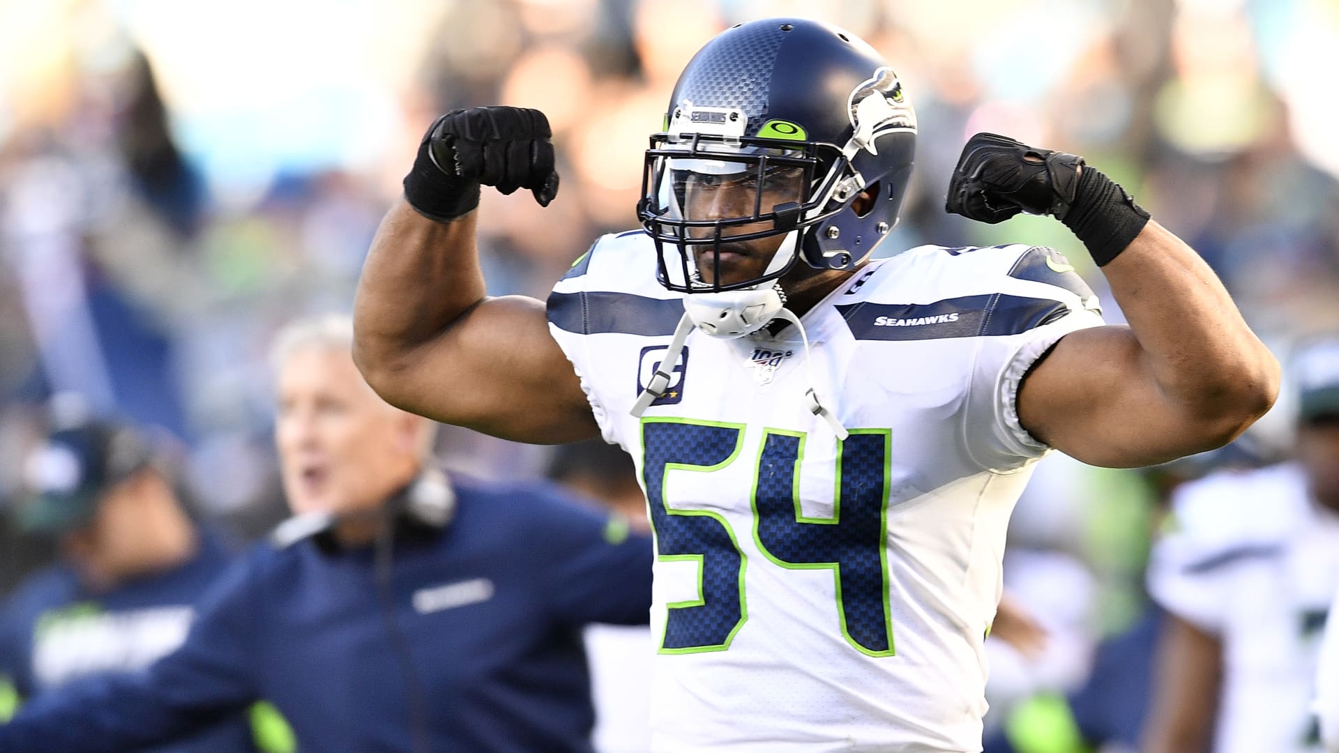 Bobby Wagner #54 of the Seattle Seahawks reacts after a touchdown against the Carolina Panthers during the fourth quarter of their game at Bank of America Stadium on December 15, 2019 in Charlotte, North Carolina.