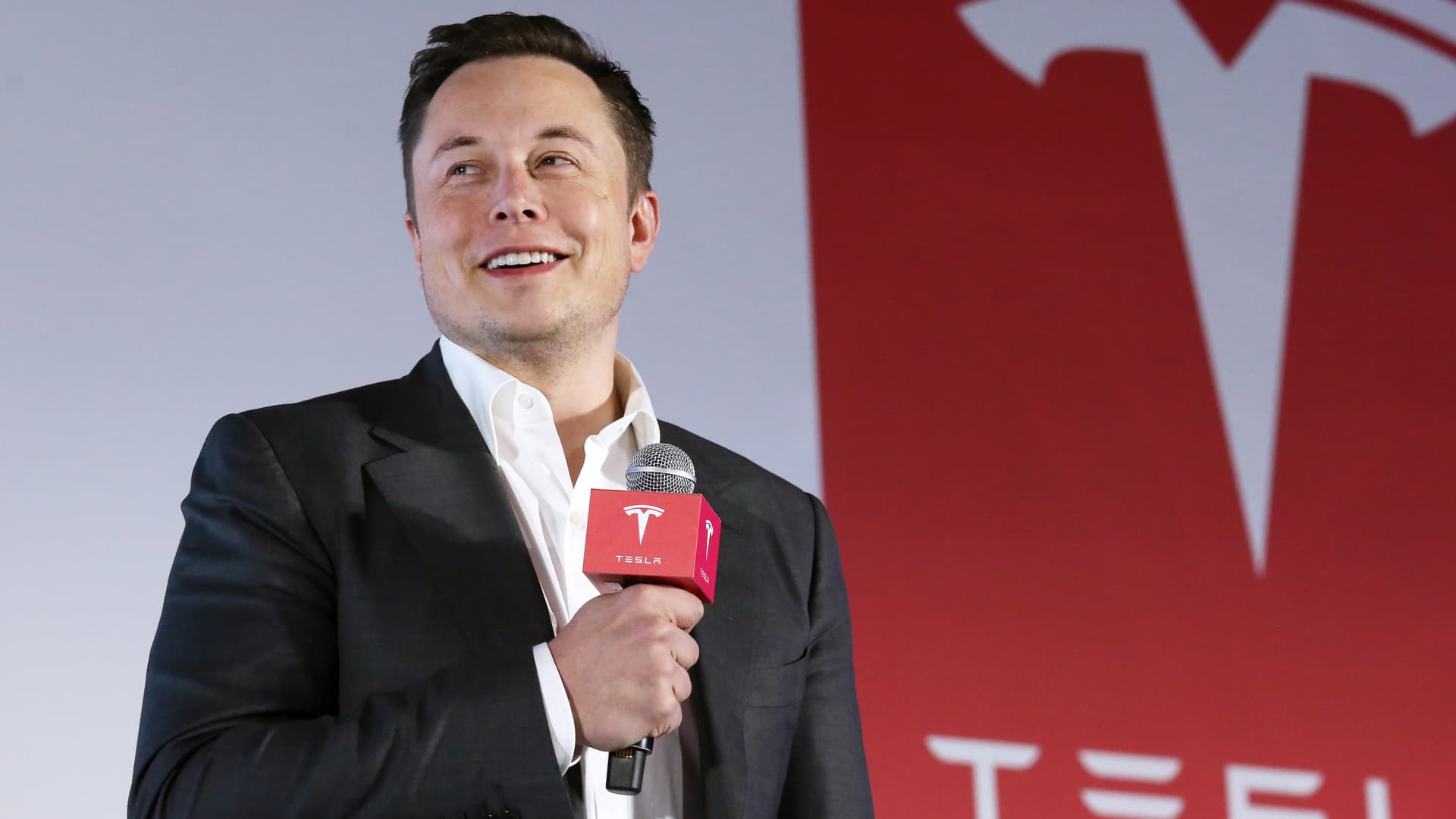 Tesla Motors CEO Elon Musk speaks to the media next to its Model S.