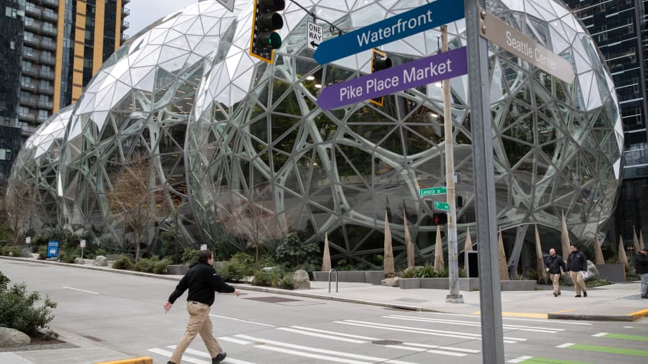 The Amazon headquarters sits virtually empty on March 10, 2020 in downtown Seattle, Washington. In response to the coronavirus outbreak, Amazon recommended all employees in its Seattle office to work from home, leaving much of downtown nearly void of people.