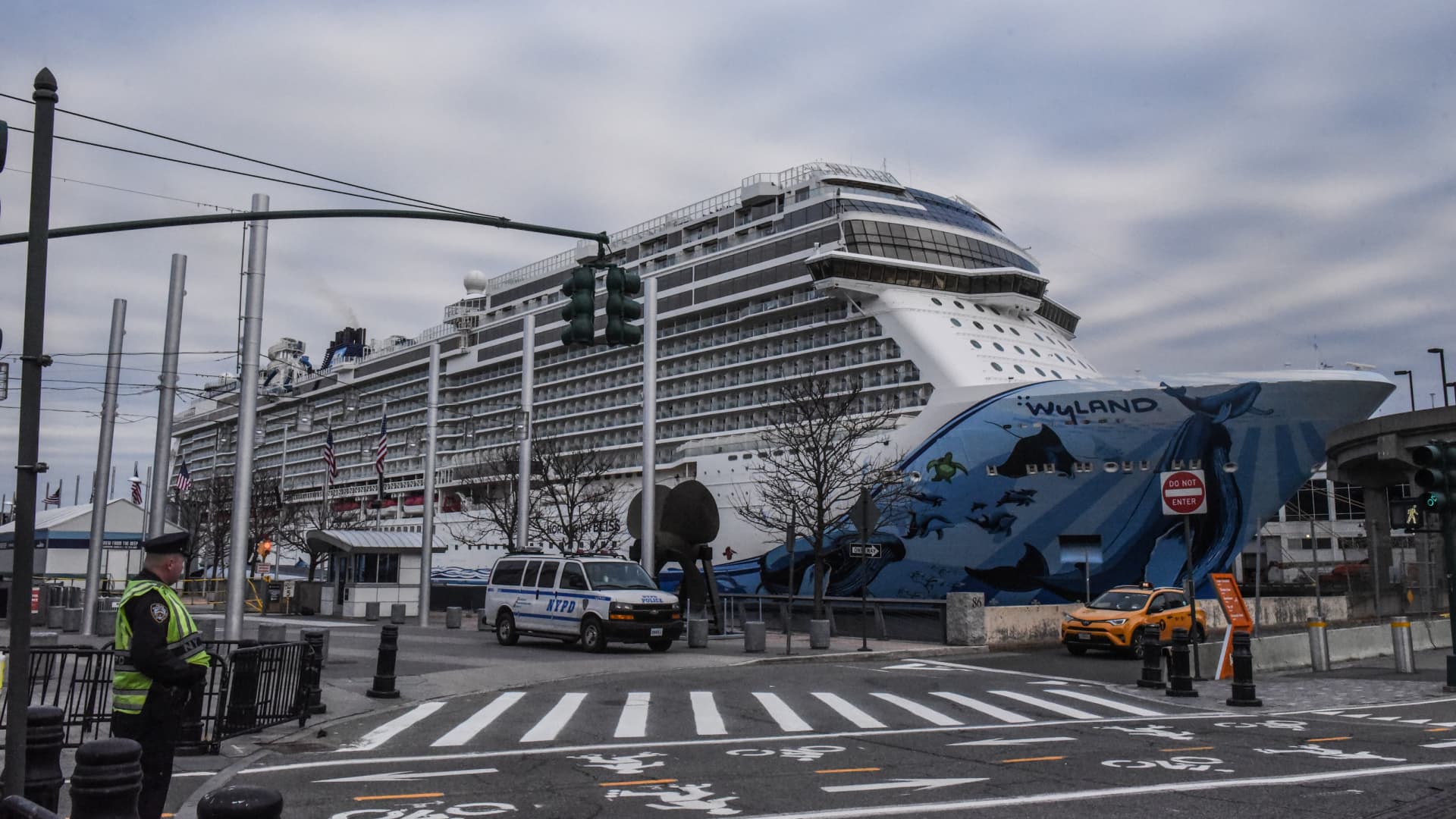 The Norwegian Bliss cruise ship is seen docked on March 15, 2020 in New York City.