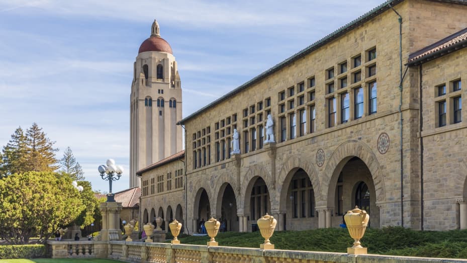 A general view of the campus of Stanford University including Hoover Tower and buildings of the Main Quadrangle.