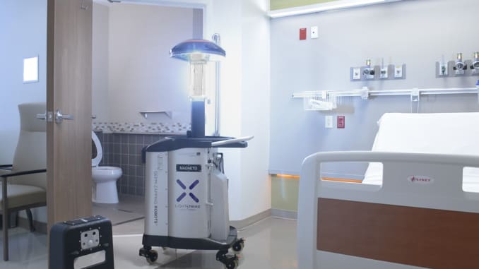 Xenex Disinfection Services' LightStrike robot uses pulsed xenon to generate virus-killing UV light.