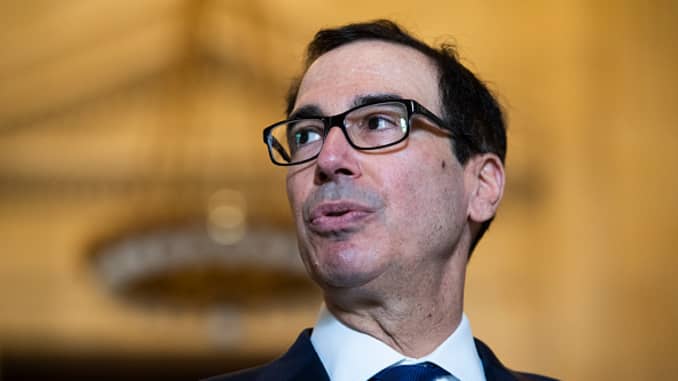 Treasury Secretary Steven Mnuchin, delivers remarks on the coronavirus relief package after the Senate Republican Policy luncheon in Russell Building on Tuesday, March 17, 2020.