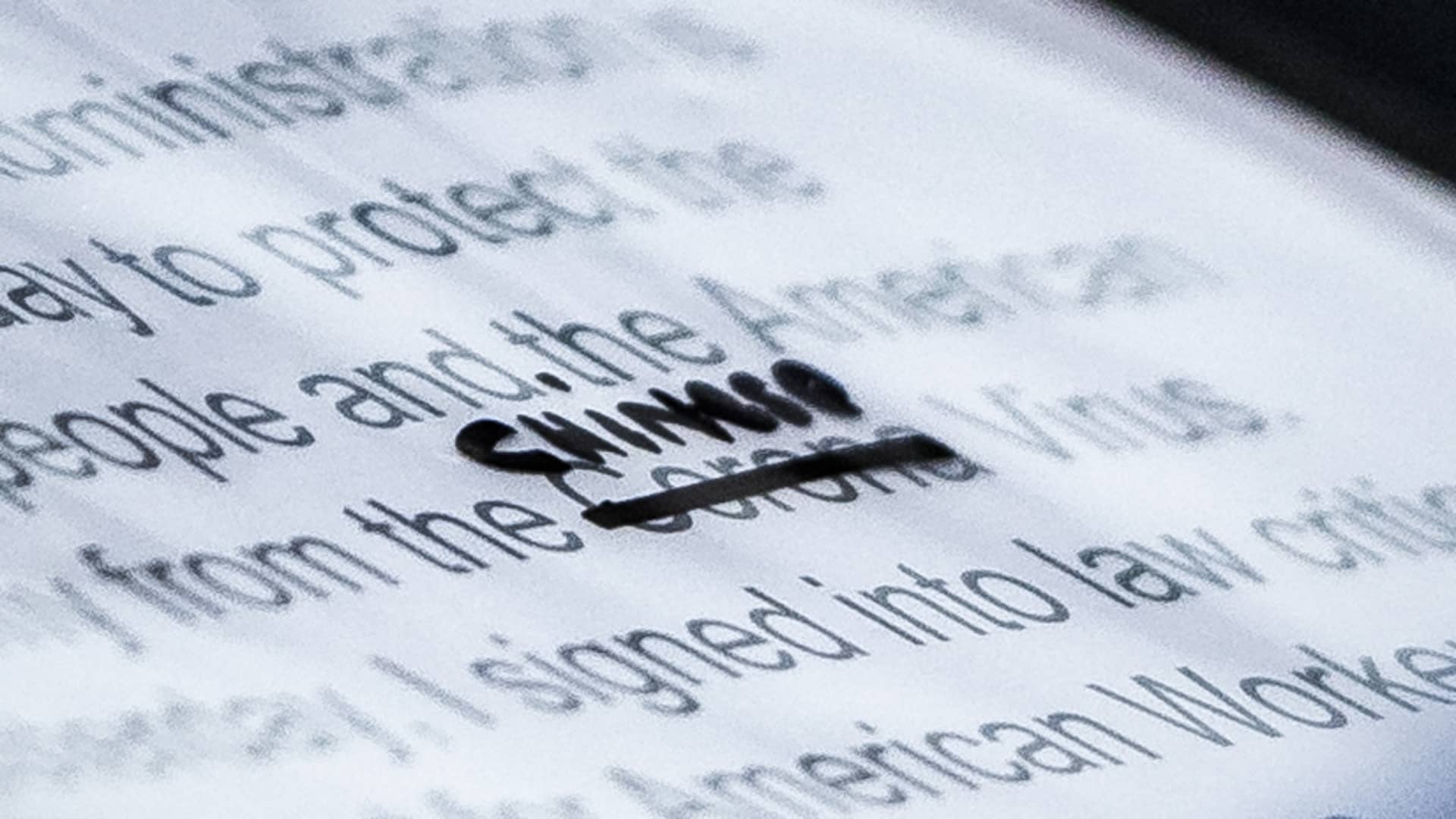 A close-up of President Donald Trump's notes shows where Corona was crossed out and replaced with Chinese Virus as he speaks during a White House briefing, March 19, 2020.
