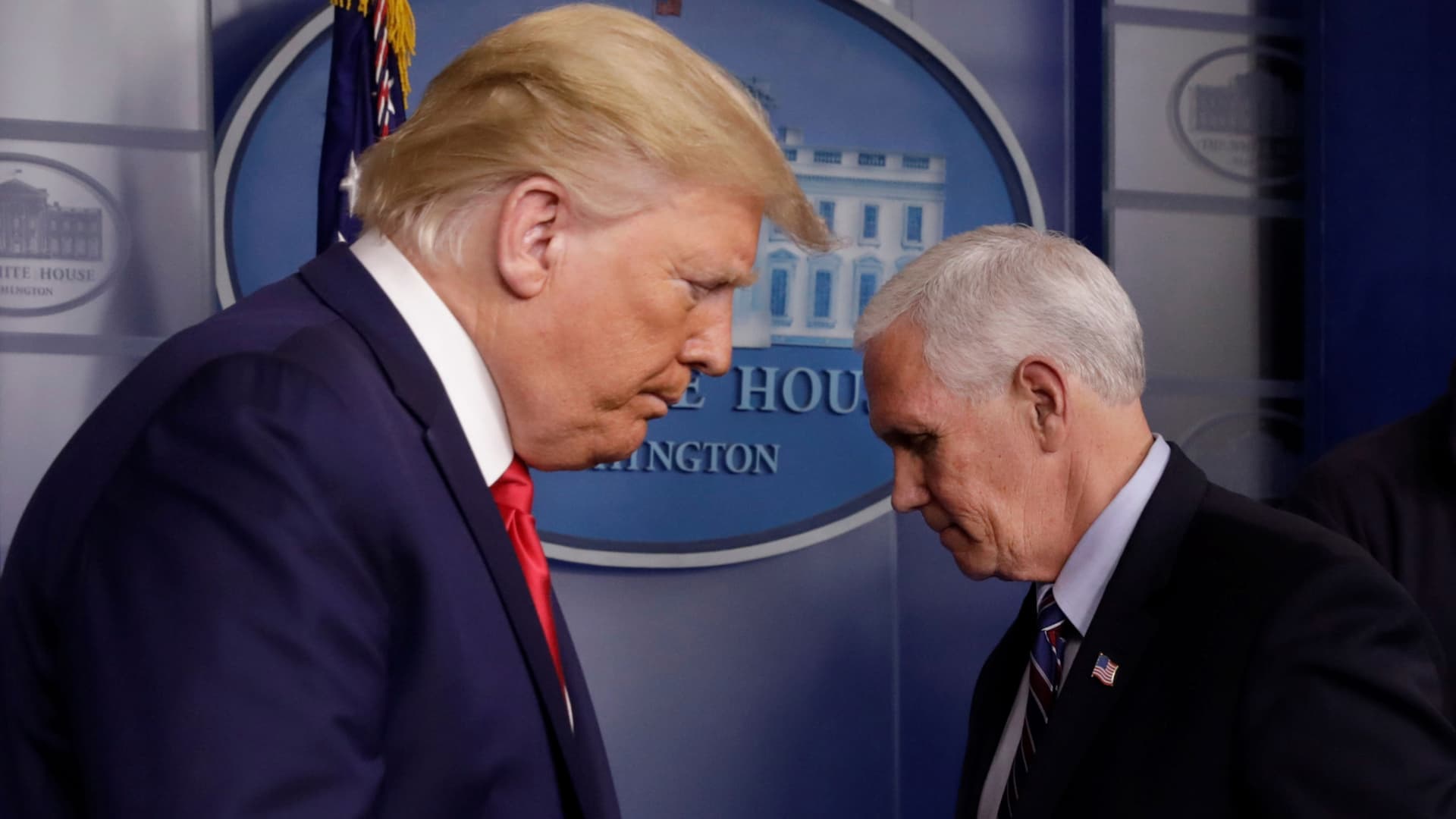President Donald Trump and U.S. Vice President Mike Pence hold a news conference, amid the coronavirus disease (COVID-19) outbreak, in Washington D.C., March 22, 2020.