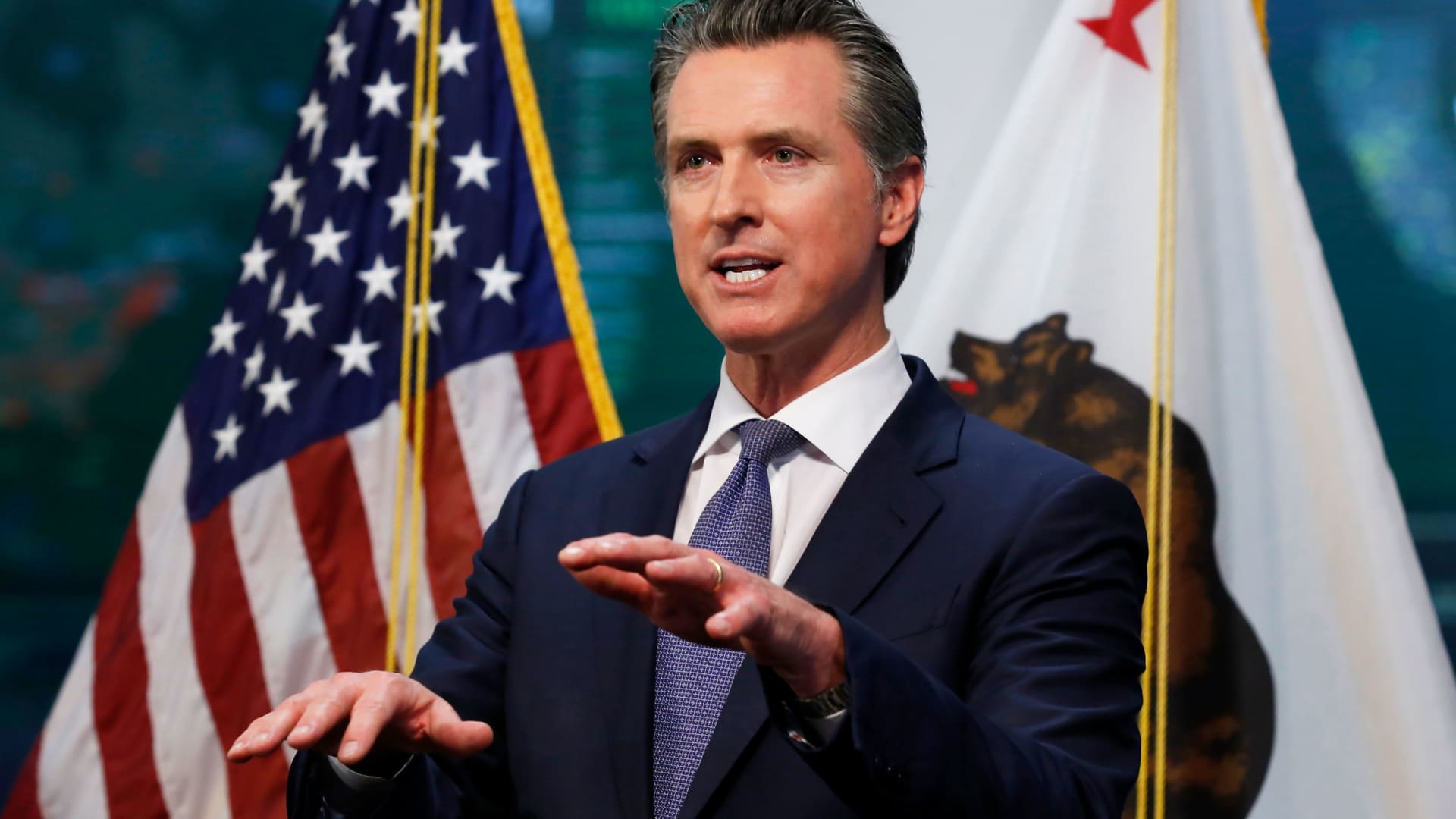 California Gov. Gavin Newsom updates the state's response to the coronavirus at the Governor's Office of Emergency Services in Rancho Cordova, Calif., Monday, March 23, 2020.