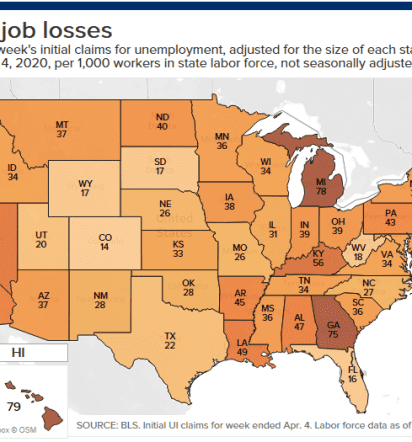 This map shows states that are seeing the most job losses due to the coronavirus
