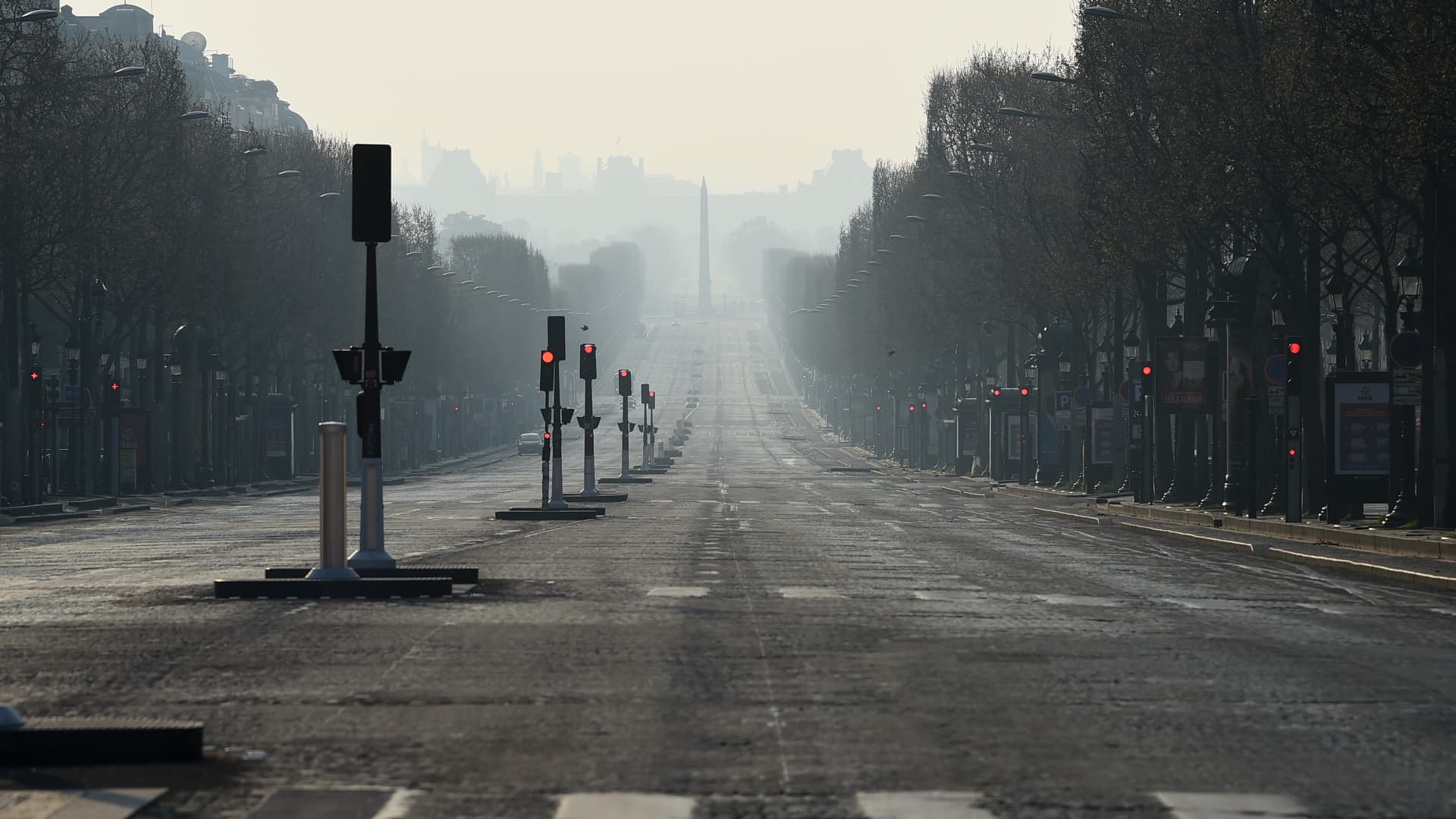 Empty Champs Elysees avenue is pictured on March 28, 2020 in Paris, France. The country has introduced fines for people caught violating its nationwide lockdown measures intended to stop the spread of COVID-19.
