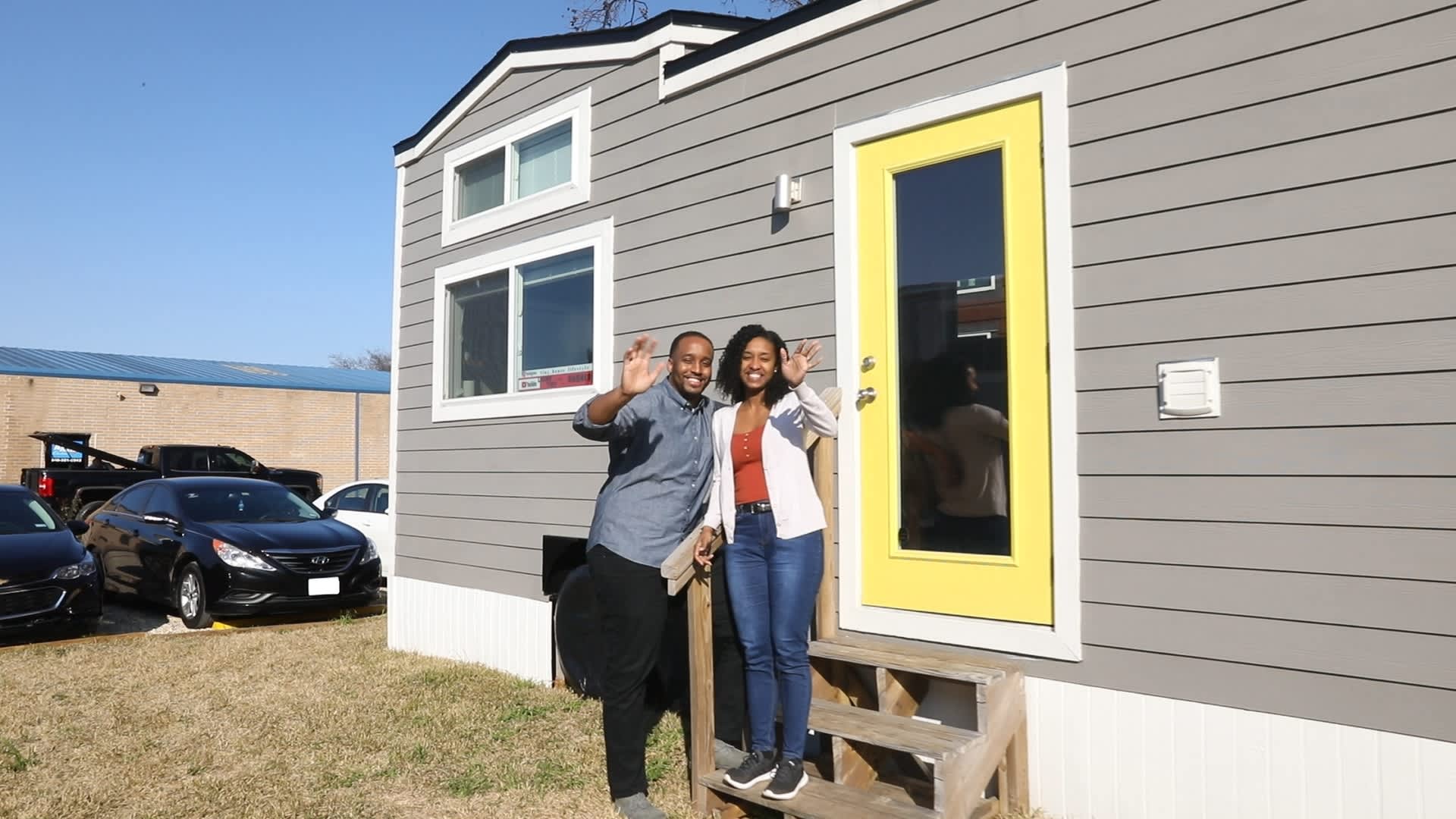Marek and Kothney-Issa in January 2020 in front of their home in Lake Dallas, Texas. The couple live in a tiny home community.