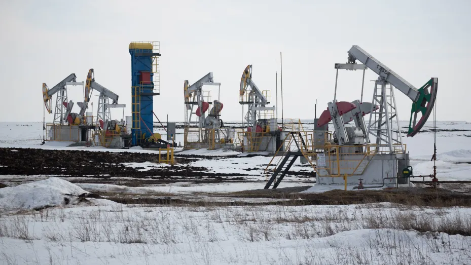 Oil pumping jacks, also known as nodding donkeys, operate in an oilfield near Almetyevsk, Tatarstan, Russia, on Wednesday, March 11, 2020.