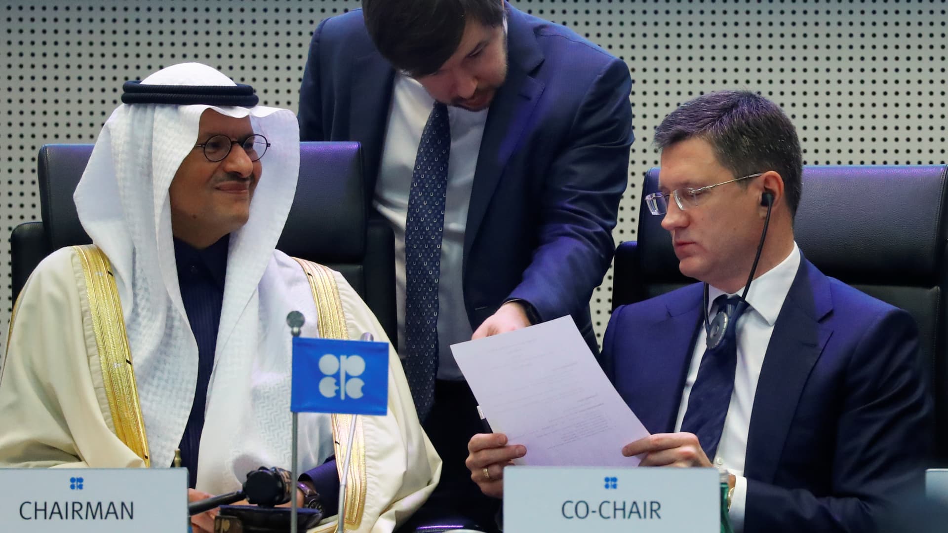 Saudi Arabia's Minister of Energy Prince Abdulaziz bin Salman Al-Saud and Russia's Energy Minister Alexander Novak are seen at the beginning of an OPEC and NON-OPEC meeting in Vienna, Austria December 6, 2019.