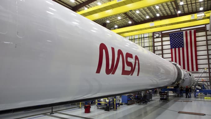 The SpaceX Falcon 9 rocket emblazoned with the famous NASA worm logo for the Demo-2 mission/