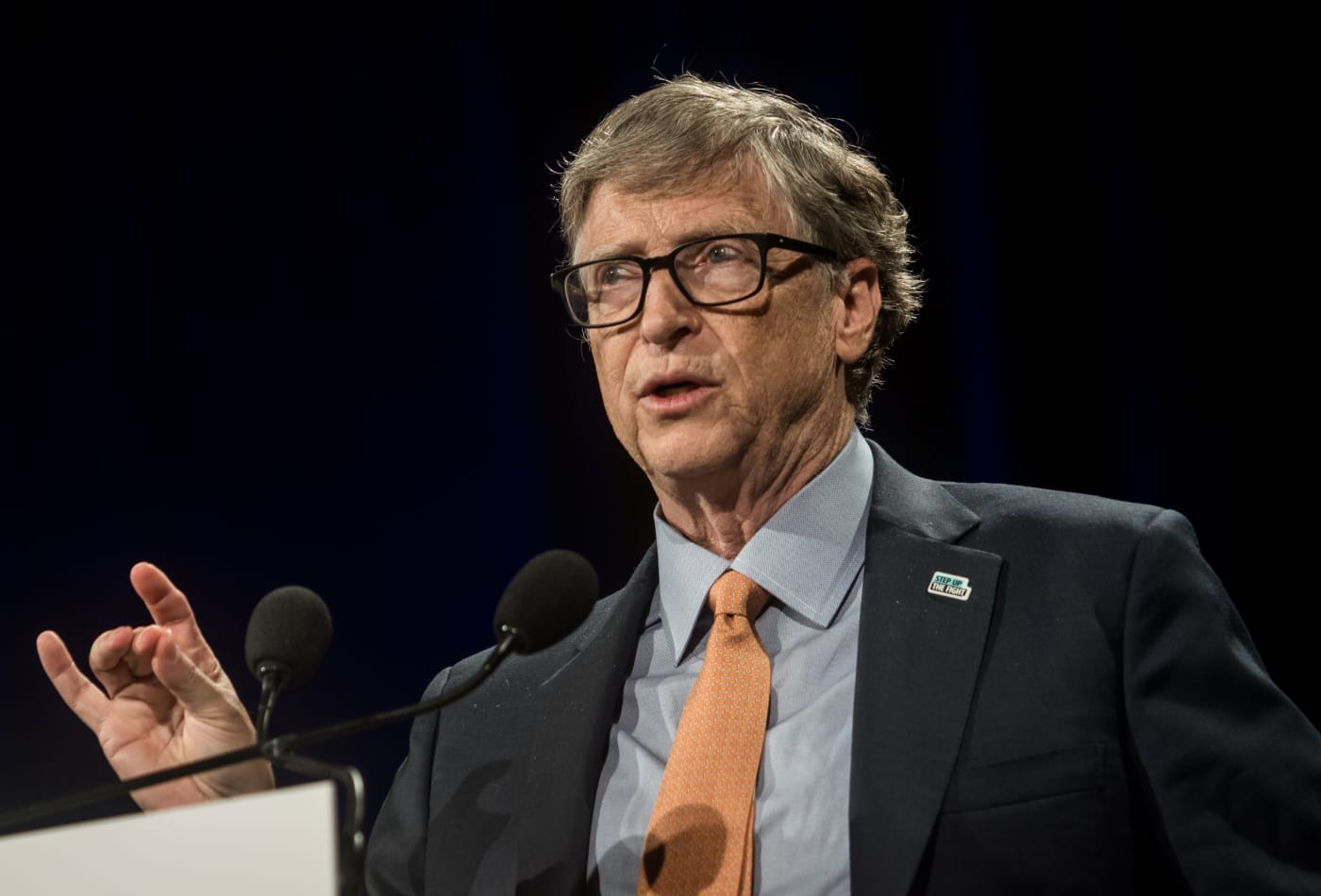 Bill Gates delivers a speech at the fundraising day at the Sixth World Fund Conference in Lyon, France, on October 10, 2019.