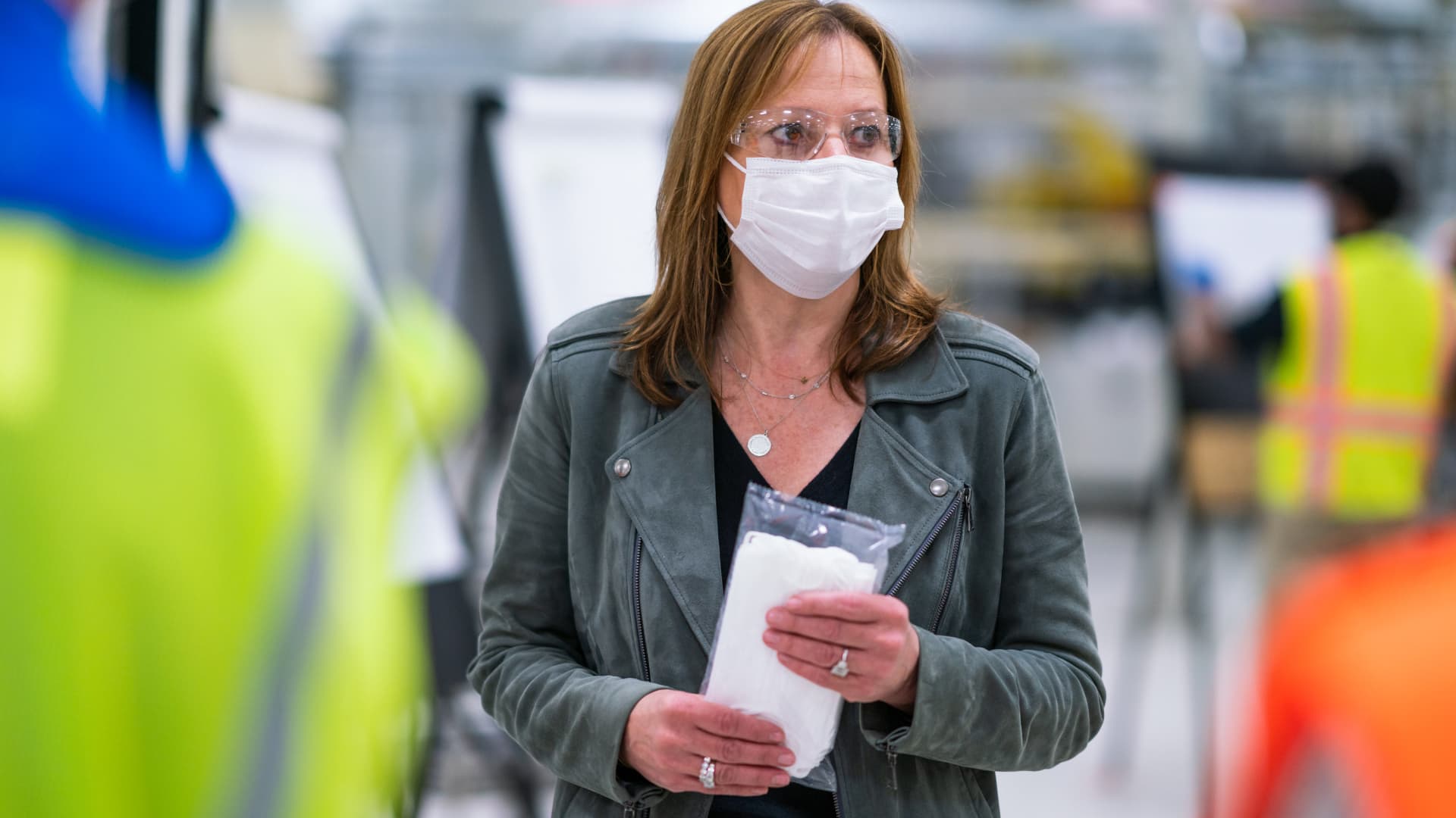 General Motors Chairman and CEO Mary Barra on April 1, 2020 tours one of the company's facilities in Warren, Michigan that will produce Level 1 face masks.