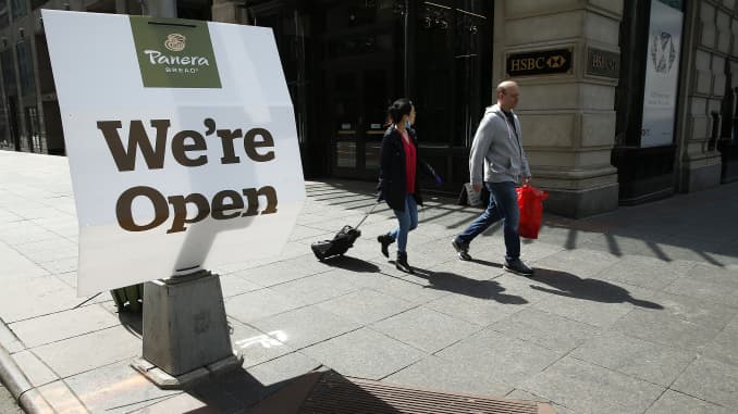 A Panera Bread shop displays a sign they are open amid the coronavirus pandemic on April 5, 2020 in New York City.