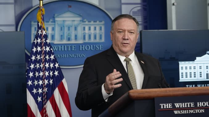 Mike Pompeo, U.S. secretary of state, speaks during a Coronavirus Task Force news conference at the White House in Washington, D.C., U.S., on Wednesday, April 8, 2020.