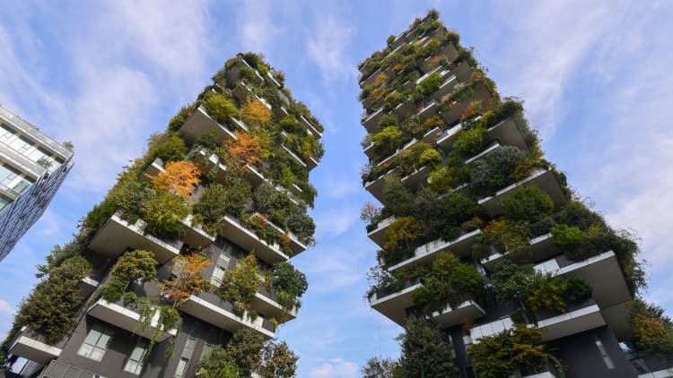 Tall buildings covered in trees offer a glimpse of what urban living could look like