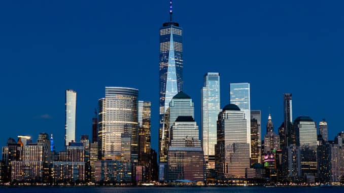 GP: Coronavirus Landmarks in blue. NYC Skyline World Trade Cente