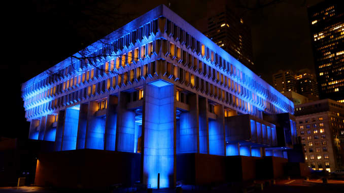 GP: Coronavirus Landmarks Illuminated In Blue To Honor Essential Workers: Boston City Hall, Boston MA