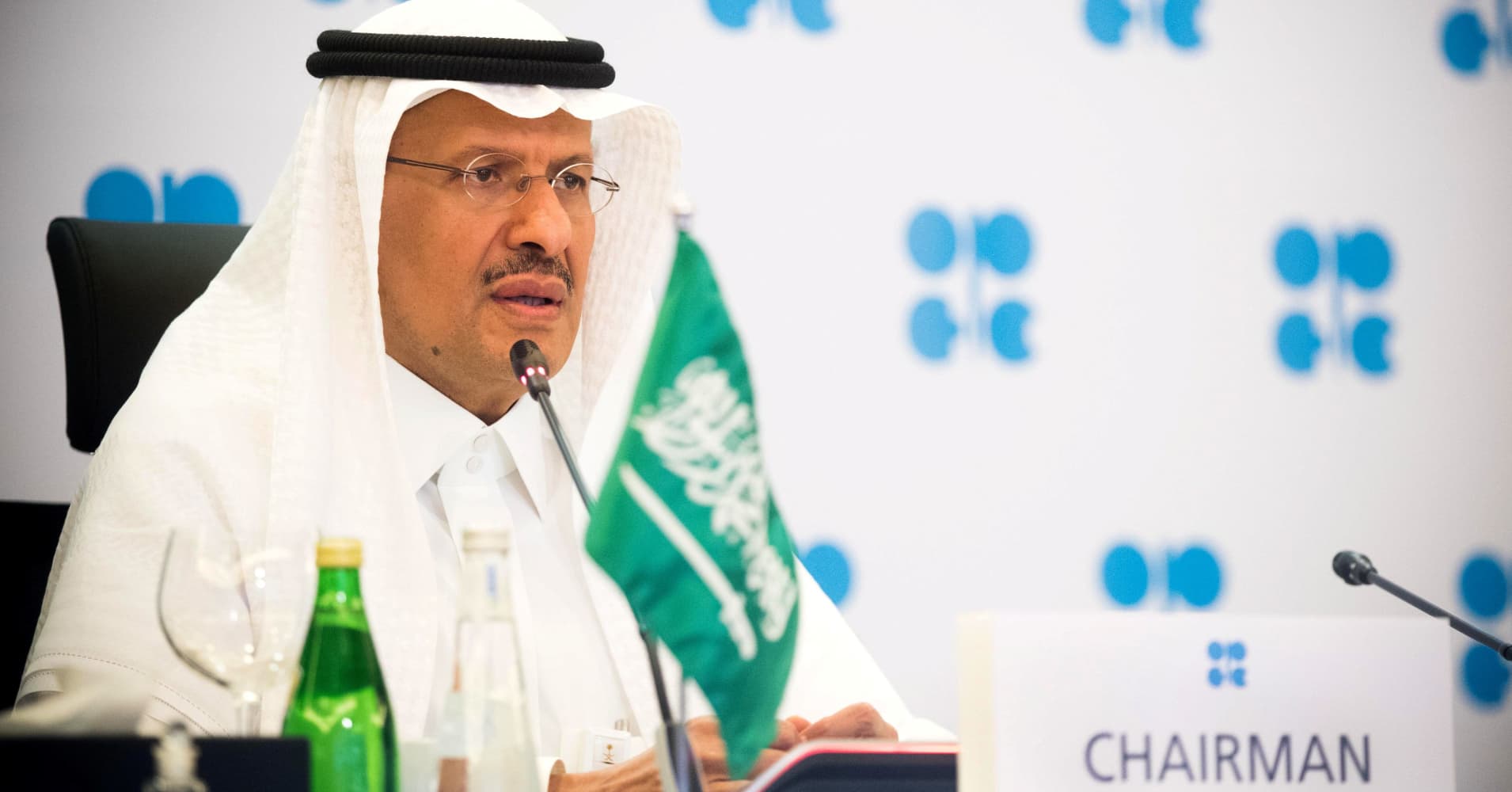 Saudi Arabia's Minister of Energy Prince Abdulaziz bin Salman Al-Saud speaks via video link during a virtual emergency meeting of OPEC and non-OPEC countries, following the outbreak of the coronavirus disease (COVID-19), in Riyadh, Saudi Arabia April 9, 2020.