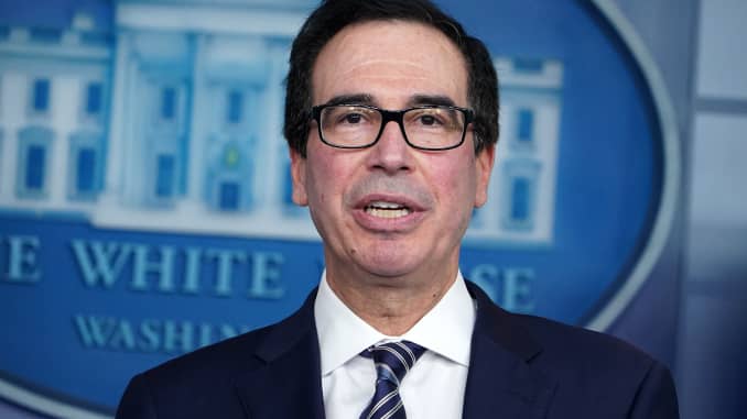 Treasury Secretary Steven Mnuchin speaks during the daily briefing on the novel coronavirus, COVID-19, in the Brady Briefing Room at the White House on April 2, 2020, in Washington, DC.