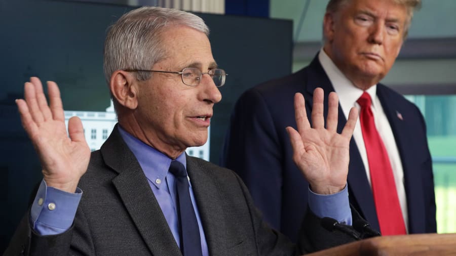Dr. Anthony Fauci, director of the National Institute of Allergy and Infectious Diseases speaks as President Donald Trump listens during the daily briefing of the White House Coronavirus Task Force at the White House April 13, 2020 in Washington, DC.