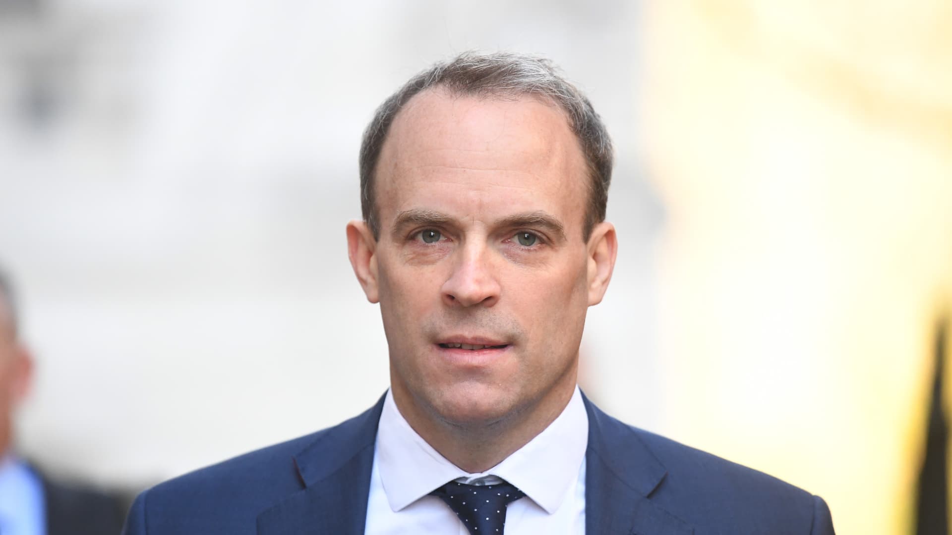 Foreign Minister Dominic Raab is pictured in Downing Street on March 25, 2020 in London, England.