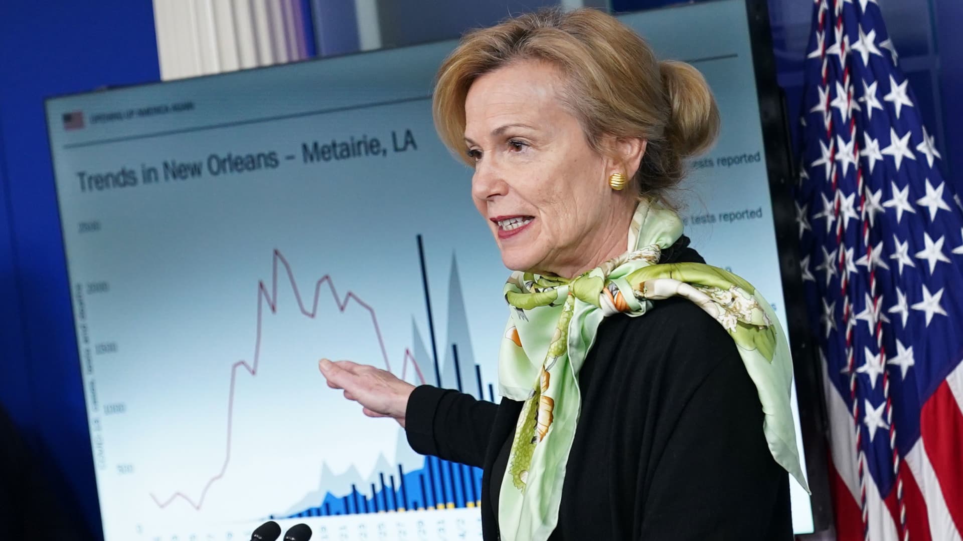 President Donald Trump listens as Response coordinator for White House Coronavirus Task Force Deborah Birx speaks during the daily briefing on the novel coronavirus, which causes COVID-19, in the Brady Briefing Room of the White House on April 16, 2020, in Washington, DC.