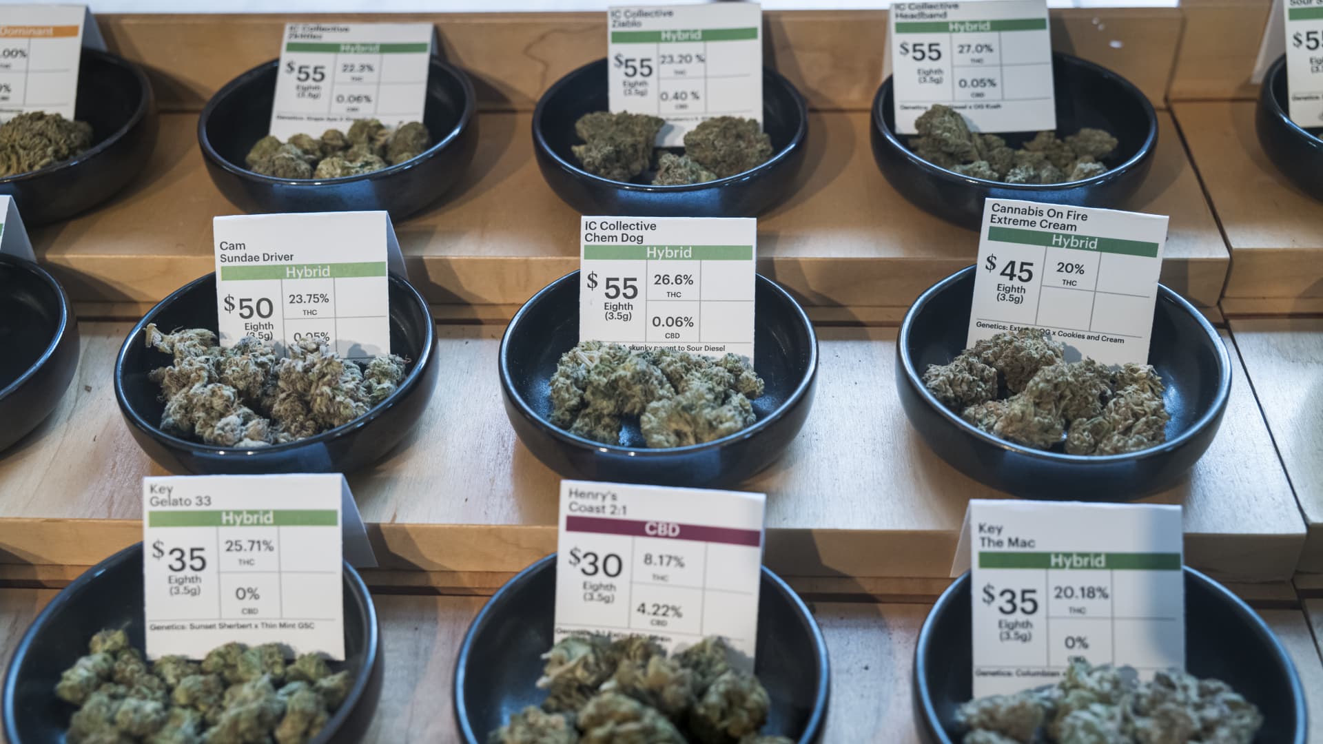 Different strains of cannabis are displayed for sale at the Harborside dispensary in Oakland, California, U.S., on Monday, March 23, 2020.
