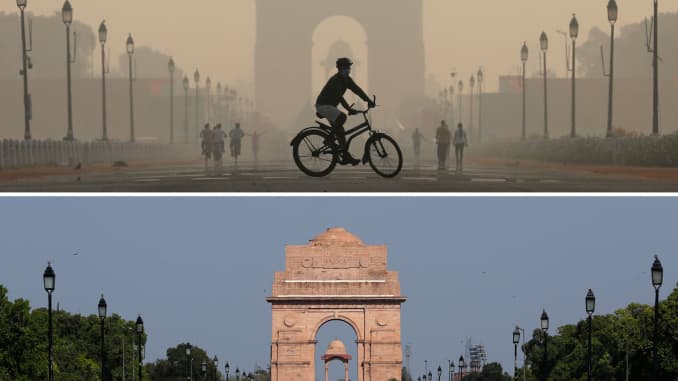 A combo shows the India Gate war memorial on October 17, 2019 and after air pollution level started to drop during a 21-day nationwide lockdown to slow the spreading of Coronavirus disease (COVID-19), in New Delhi, India, April 8, 2020.