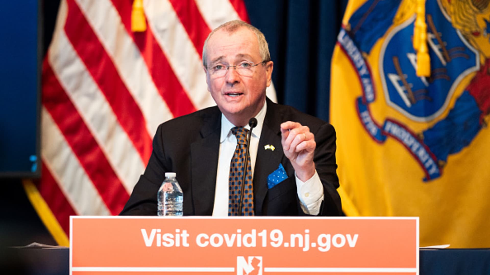 New Jersey Governor Phil Murphy (D) speaks at the Coronavirus press briefing in Trenton, New Jersey.