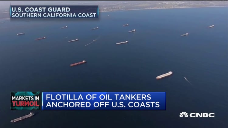 Oil tankers line up off for miles off the coast of California