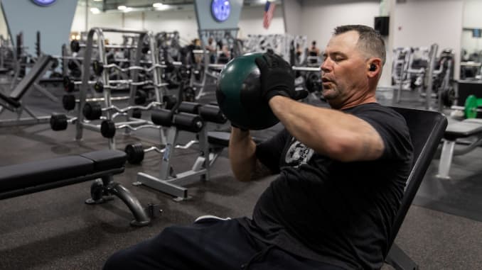 A man exercises at Gold's Gym, one of the businesses that reopened after a shutdown to prevent the spread of the coronavirus disease (COVID-19) in Augusta, Georgia, April 26, 2020.