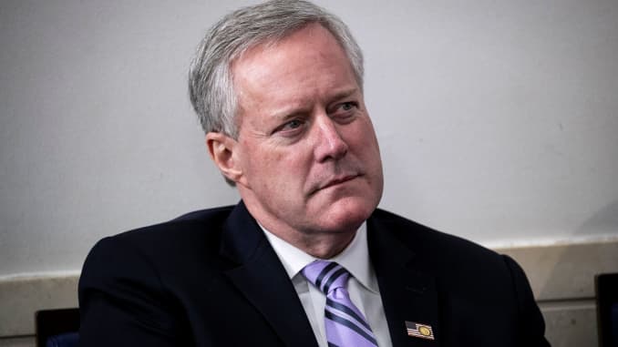 White House Acting Chief of Staff Mark Meadows listens during the daily coronavirus task force briefing at the White House in Washington, U.S., April 18, 2020.