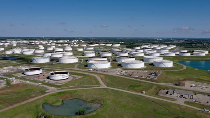 An aerial drone view of a crude oil storage facility on April 23, 2020 in Cushing, Oklahoma.