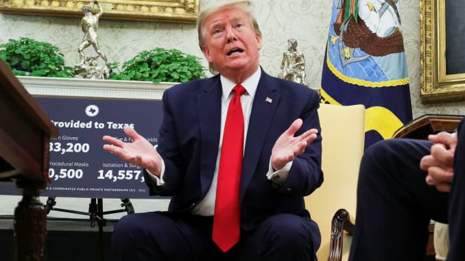 U.S. President Donald Trump speaks to reporters during a meeting with Texas Governor Greg Abbott about coronavirus disease (COVID-19) response in the Oval Office at the White House in Washington, May 7, 2020.
